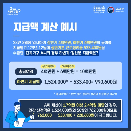 근로장려금 하반기 지급액 계산예시