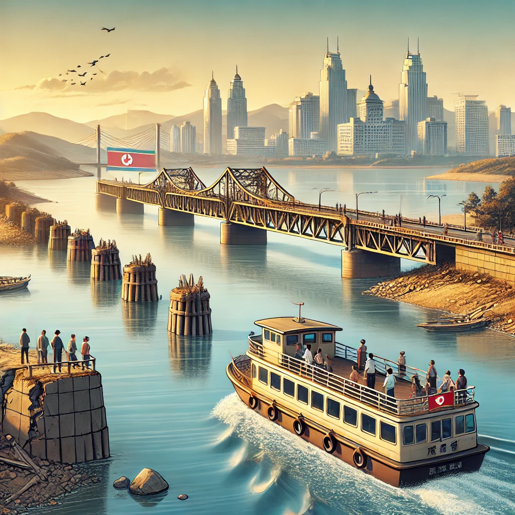 중국 단둥(Dandong)의 국경 관광을 묘사한 사실적이고 세밀한 디지털 일러스트. 압록강(Yalu River) 위를 운항하는 관광 유람선에서 여행객들이 북한 신의주(Sinuiju)의 스카이라인을 관찰하는 모습. 배경에는 한국전쟁 당시 미군 폭격으로 파괴된 단둥 단교(断桥)가 남아 있어 역사적 의미를 강조하는 장면.