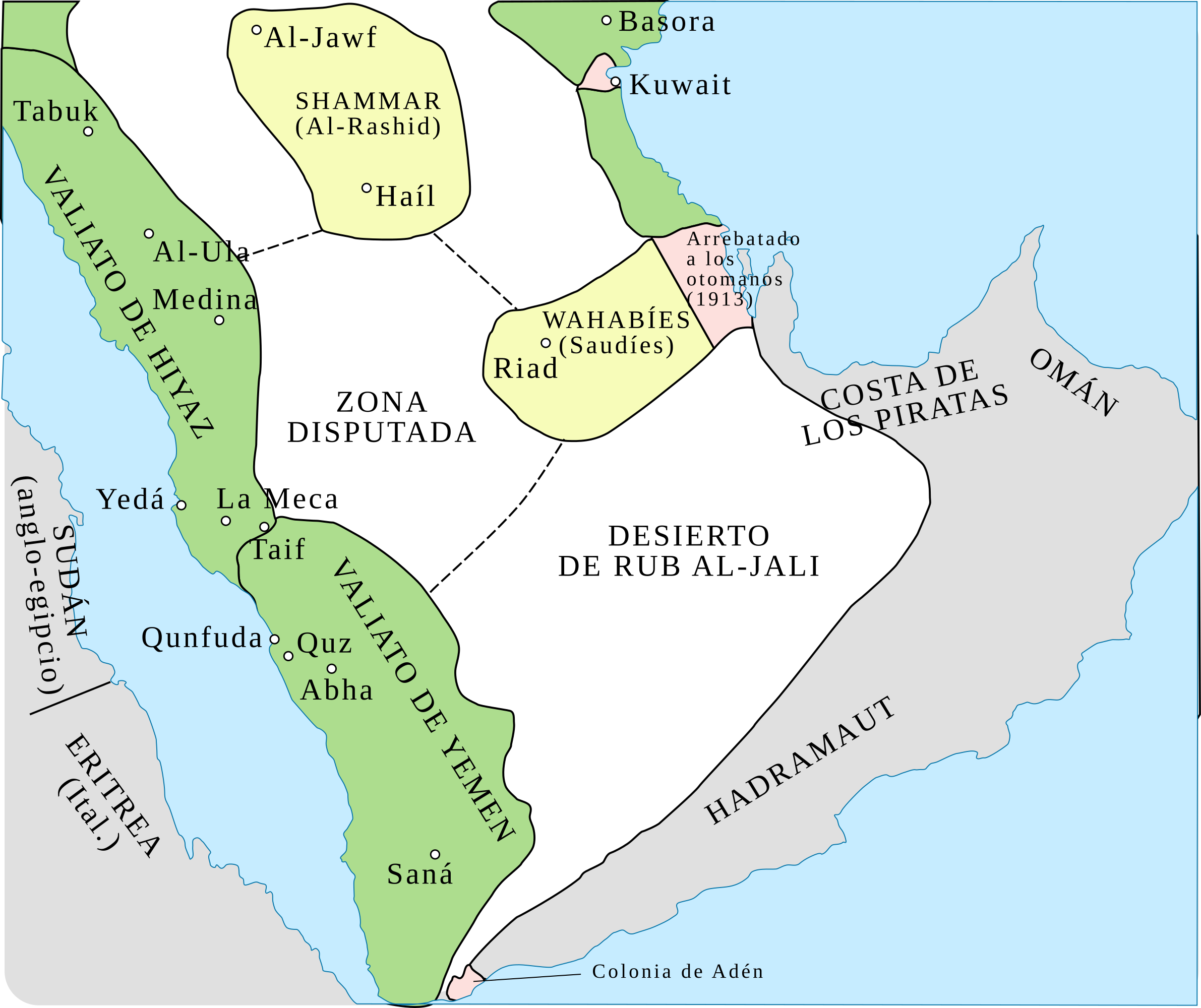까삼 전쟁 이후 자발 샴마르 토후국과 네지드-하사 토후국 아라비아 지도