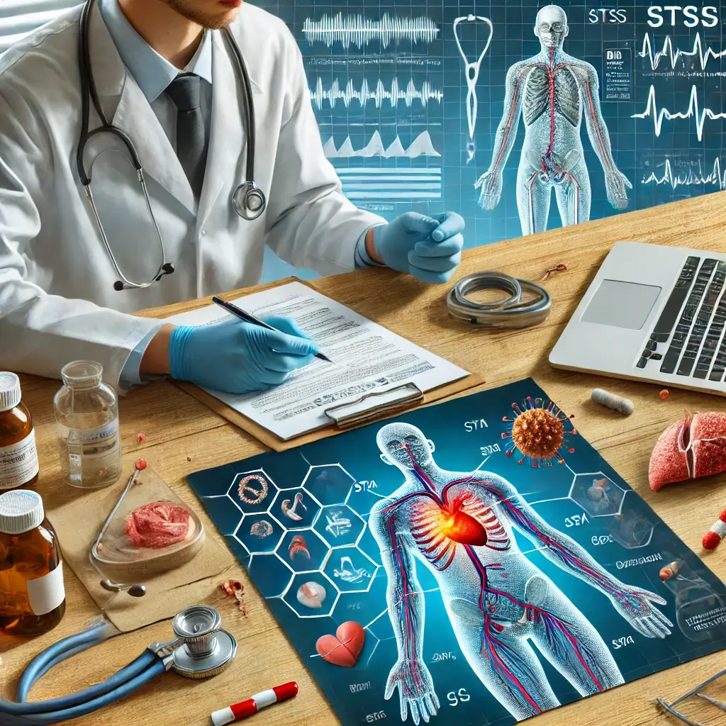 의사가 STSS 감염 환자의 증상을 진단하고 있는 장면