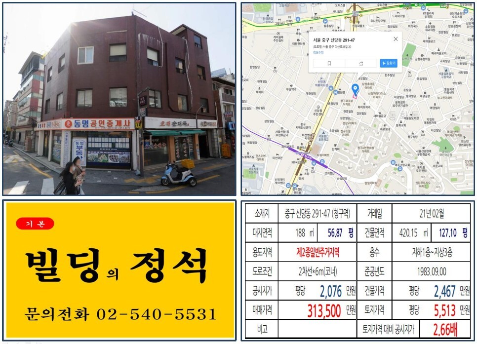  [중구 신당동 재개발 호재 30억 꼬마빌딩 실거래가 조회] 신당동 291-47 (청구역) 31억 3,500만 원, 평당 5,513만 원 매매되었습니다. 신당9구역, 신당10구역