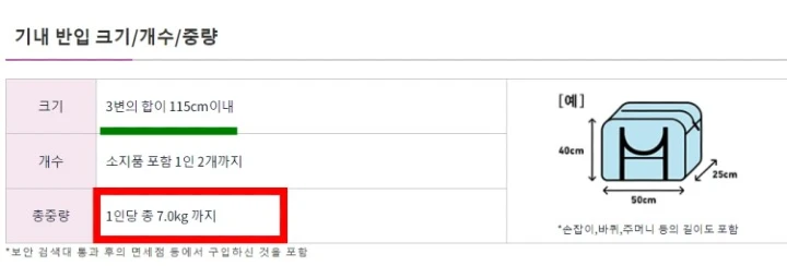 기내 반입 크기 개수 중량