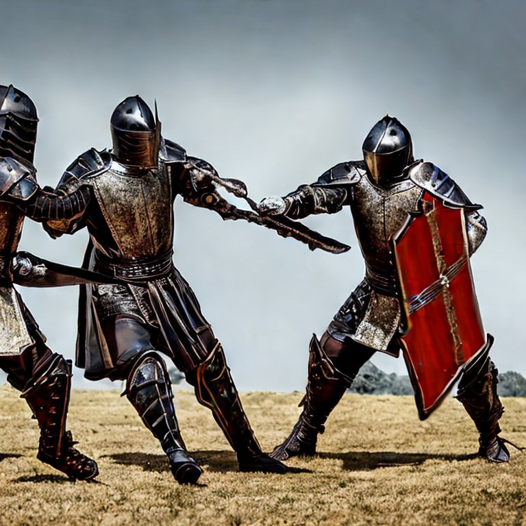 Three knights fighting against each other