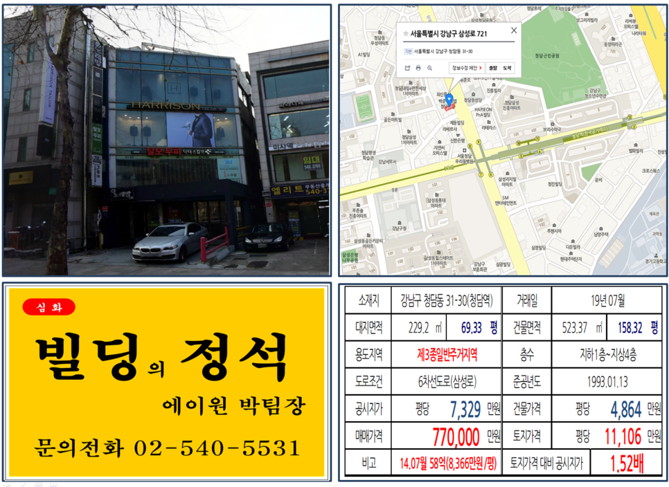  [강남구 빌딩매매사례]청담동 31-30(청담역) 77억, 평당11,106만원, 권상우빌딩(매도자,권상우 법인소유건물:수컴퍼니), 연예인빌딩