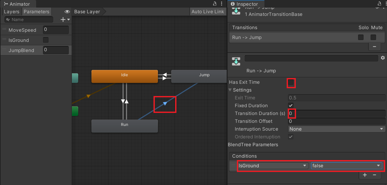 Run > Jump Transition 설정