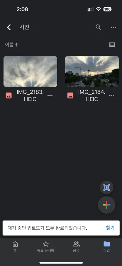 구글 드라이브에서 사진이 업로드된 모습