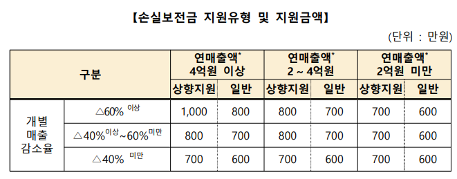 손실보전금 지원유형 및 지원금액