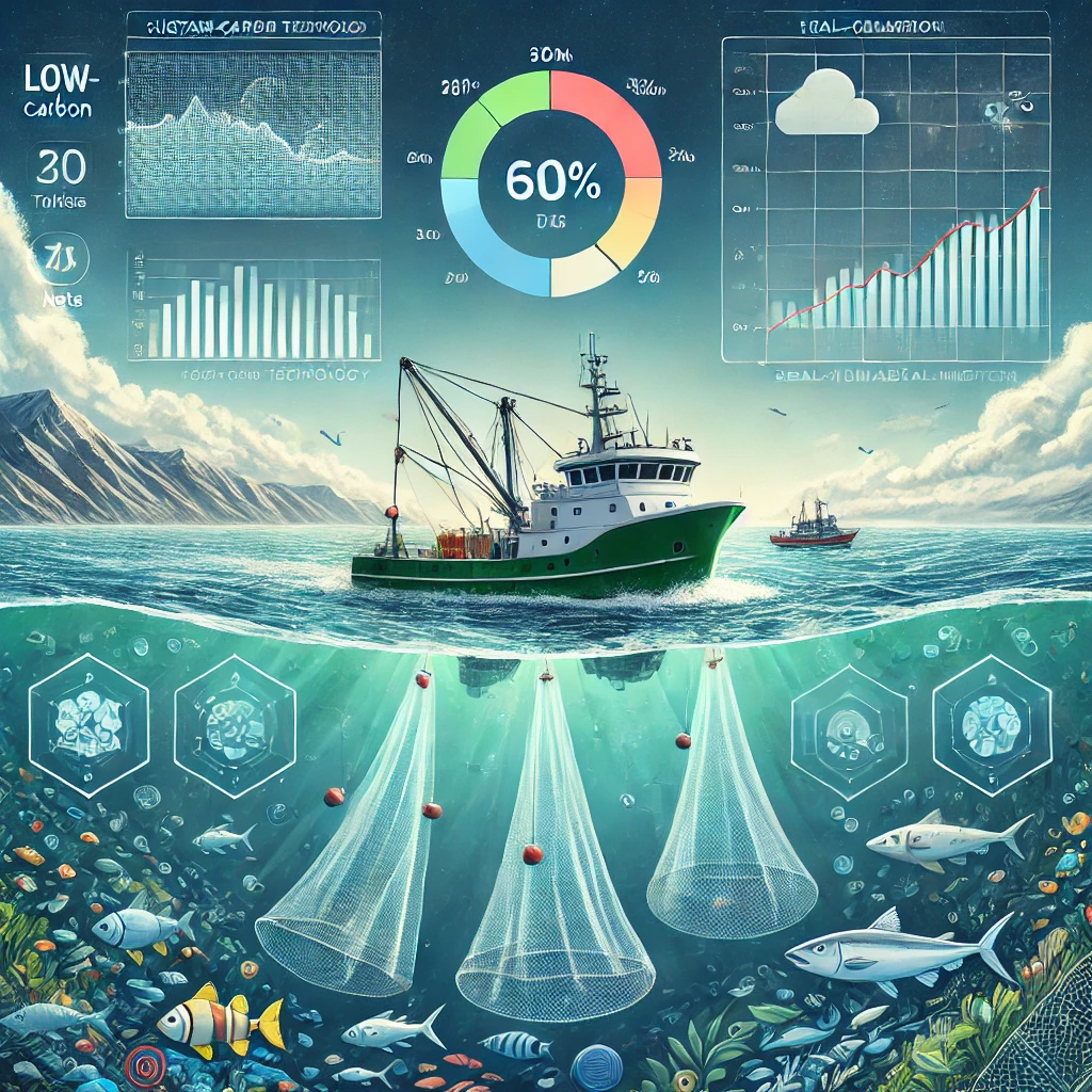 이 이미지는 기후 변화 대응을 위한 지속 가능한 어업의 중요성을 표현합니다. 저탄소 기술을 장착한 어선, 생분해성 어구, 그리고 실시간 환경 데이터 모니터링 시스템이 함께 보여지며, 깨끗한 바다와 다양한 해양 생물이 어우러져 있습니다. 지속 가능한 어업이 해양 환경 보호와 기후 변화 완화에 기여하는 모습을 상징적으로 나타내고 있습니다.
