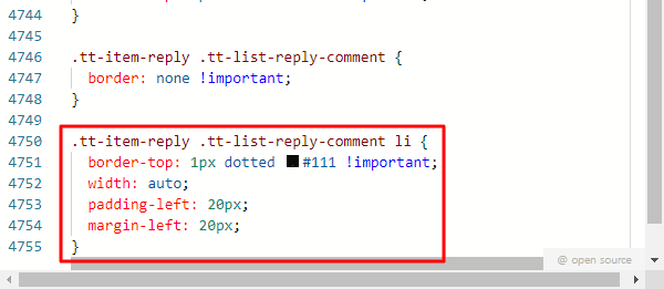 대댓글 테두리 스타일, 왼쪽 여백 코드 추가