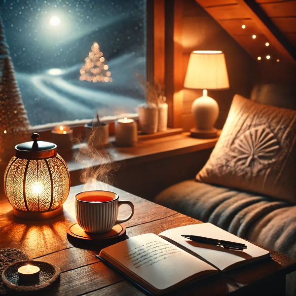 책상 위의 따스한 차와 일기장 이미지