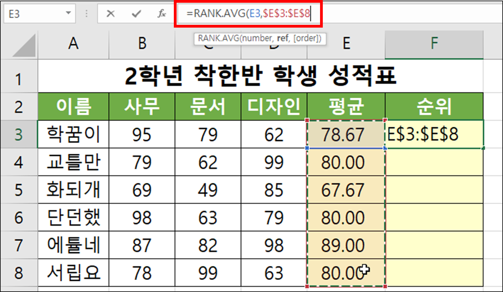 RANK.AVG(순위, 등수, 석차 구하기)-8