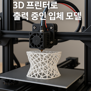 3D 프린터가 복잡한 격자 구조의 흰색 입체 모델을 출력하는 모습. 노즐이 X축과 Z축을 따라 움직이며 정밀하게 플라스틱을 적층하고 있다.