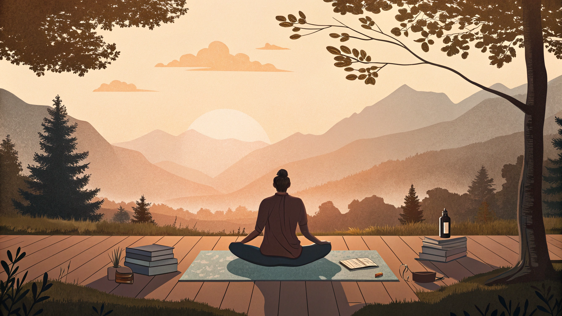 산속 자연을 배경으로 평화롭게 명상하는 사람을 묘사한 일러스트레이션