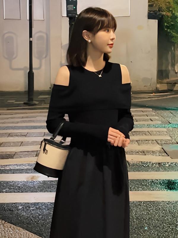 블랙 오프숄더 롱 원피스