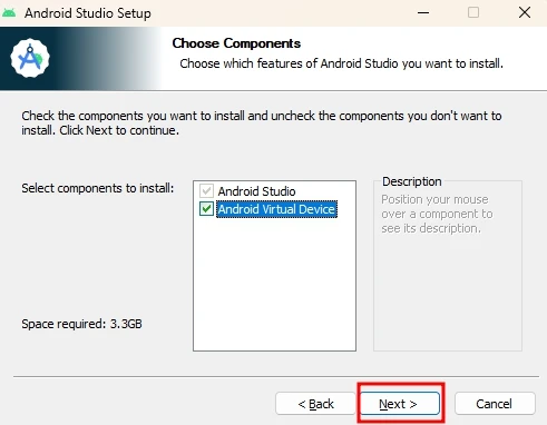 Android Virtual Device 체크. 만약 모바일 개발을 염두한다면 체크하고, Meta Quest로 모바일 VR만 개발할 경우 체크해제하면 된다.
