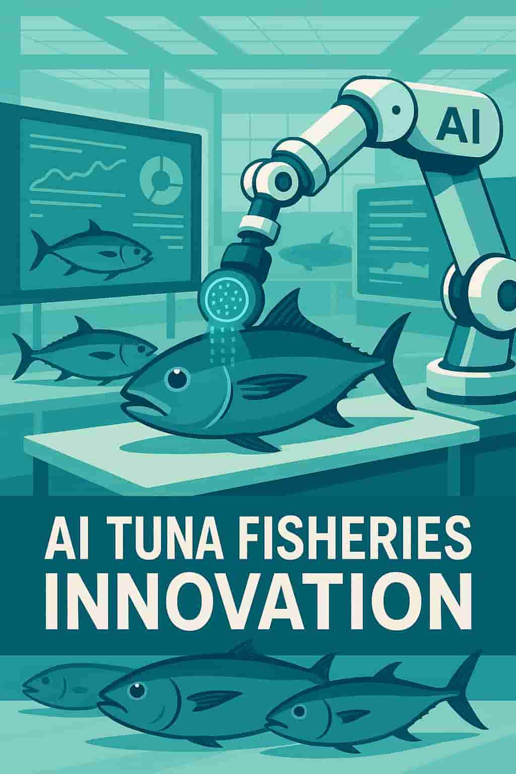 AI robot arm analyzing tuna in a futuristic seafood facility with data screens and fresh fish, representing modern AI fisheries innovation