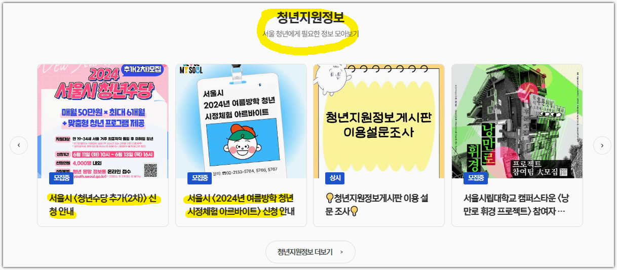 서울시 청년 몽땅 정보통 홈페이지