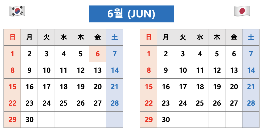 2025년 6월 - 한국 vs 일본 달력