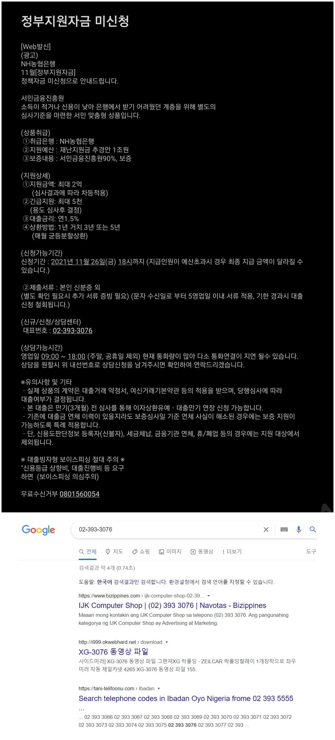 보이스피싱-사기문자-문자-내-전화번호-구글검색-결과