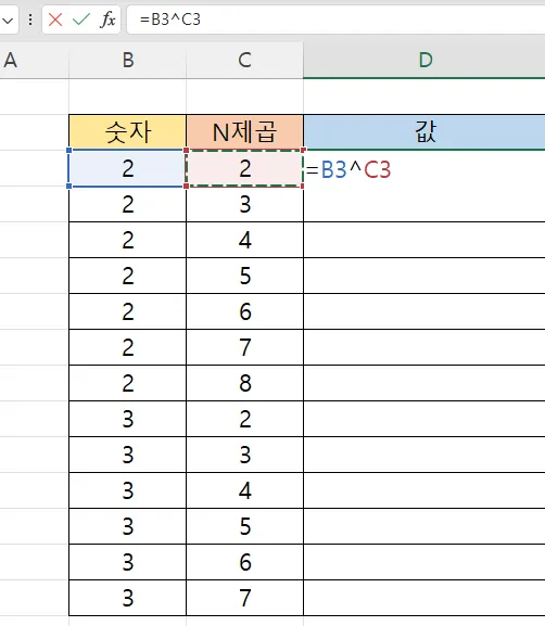 엑셀에서 ^ 표시로 제곱 구하기 한 모습