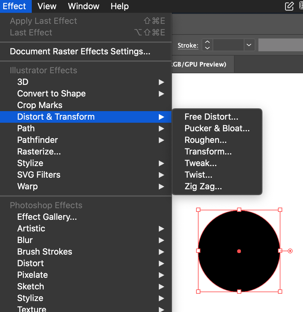 정 원과 이펙트 메뉴