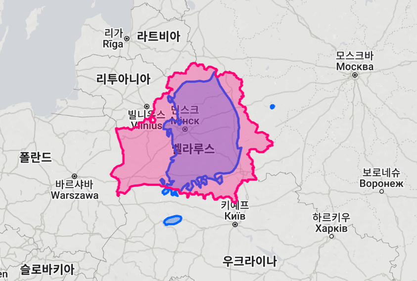 벨라루스 Vs 한국 비교(땅 면적, 지도 비교, 인구수)