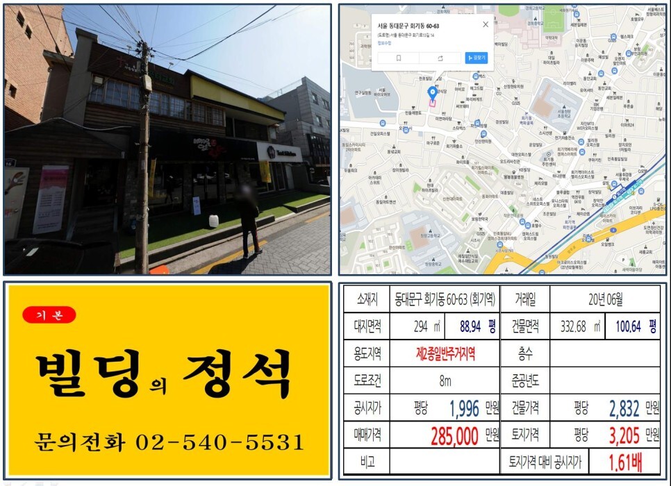  [동대문구 경희대먹자상권 20억 신축부지 실거래가 조회] 회기동 60-63 (회기역) 28억 5,000만 원, 평당 3,205만 원 매매되었습니다.