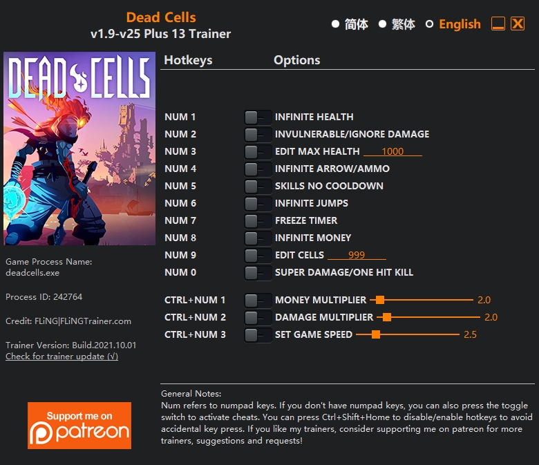  [트레이너] 한글판 데드셀 최신 영문판 Dead Cells v1.9-v25 Plus 13 Trainer
