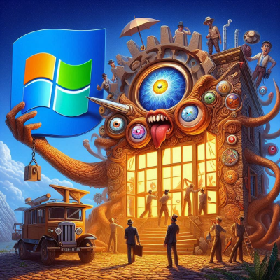 괴물처럼 보이는 기계 건물과 윈도우 로고를 중심으로 사람들이 모여 있는 장면