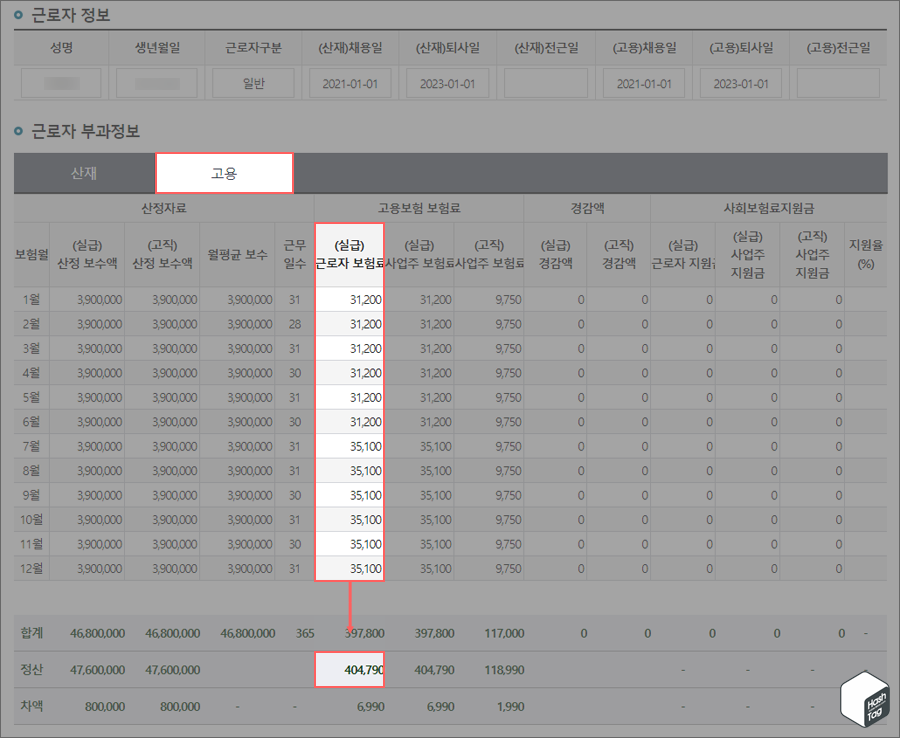 &quot;근로자 부과정보&quot; &gt; 고용 탭 &gt; (실급)근로자 보험료 &gt; 정산 금액