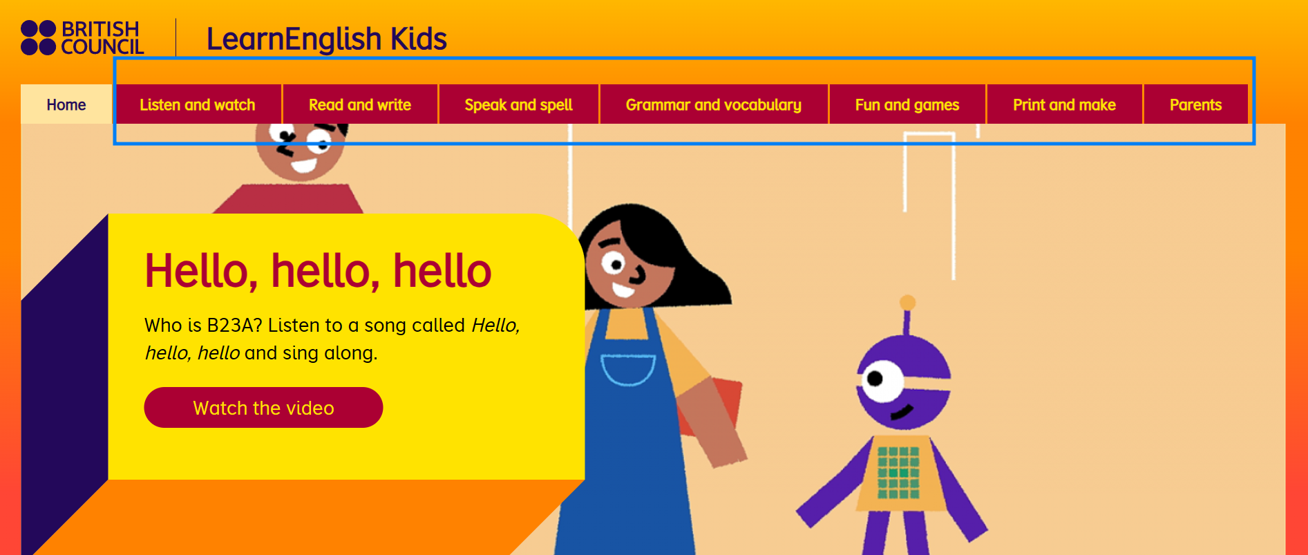 영국문화원 프로그램 Learn English Kids 홈페이지 화면