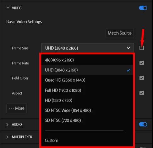 프리미어 프로에서 내보내기 설정 하는 모습