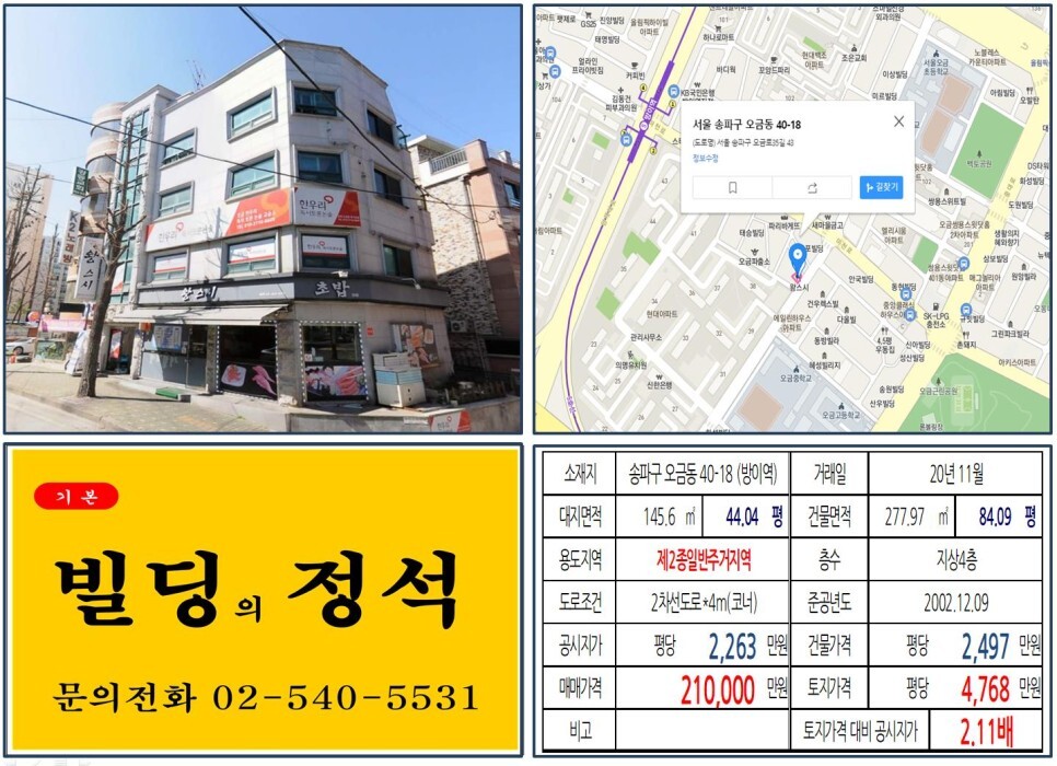  [송파구 5호선 역세권 20억 올근생 꼬마빌딩 실거래가 조회] 오금동 40-18 (방이역) 21억 원, 평당 4,768만 원 매매되었습니다. 송파재건축 아파트