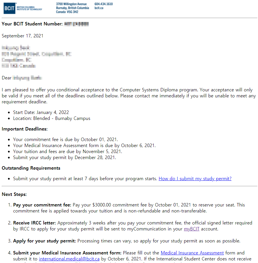  BCIT CST(Computer Systems Technology) 2022년 1월 intake 합격 (타임라인 공개)