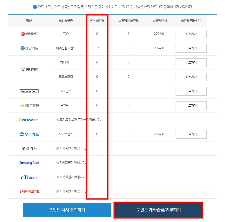 잔여 포인트 확인 후 하단에 포인트 계좌입금 및 기부하기 버튼을 누른다.