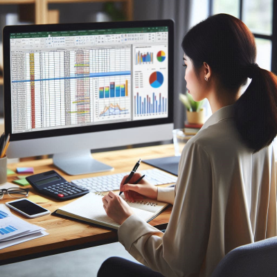 다양한 차트와 숫자를 확인하며 작업 중인 사무실의 장면입니다.