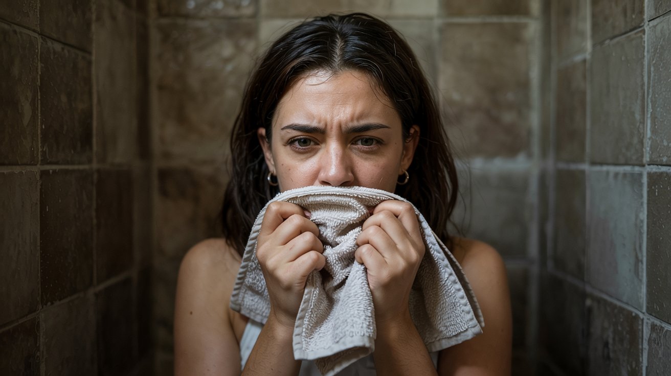 a-photo-of-a-lady-looks-disgusted-with-her-musty-towel