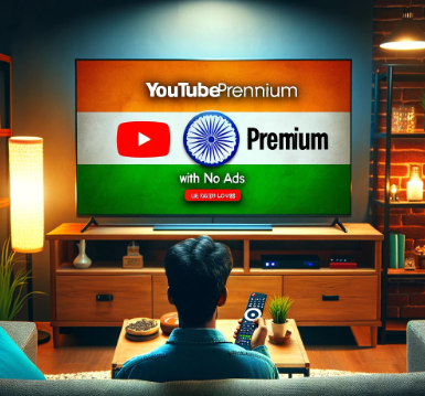 티비화면에 인도 국기와 유튜브 프리미엄 로고가 있고 거실에서 티비를 보는 남성의 모습