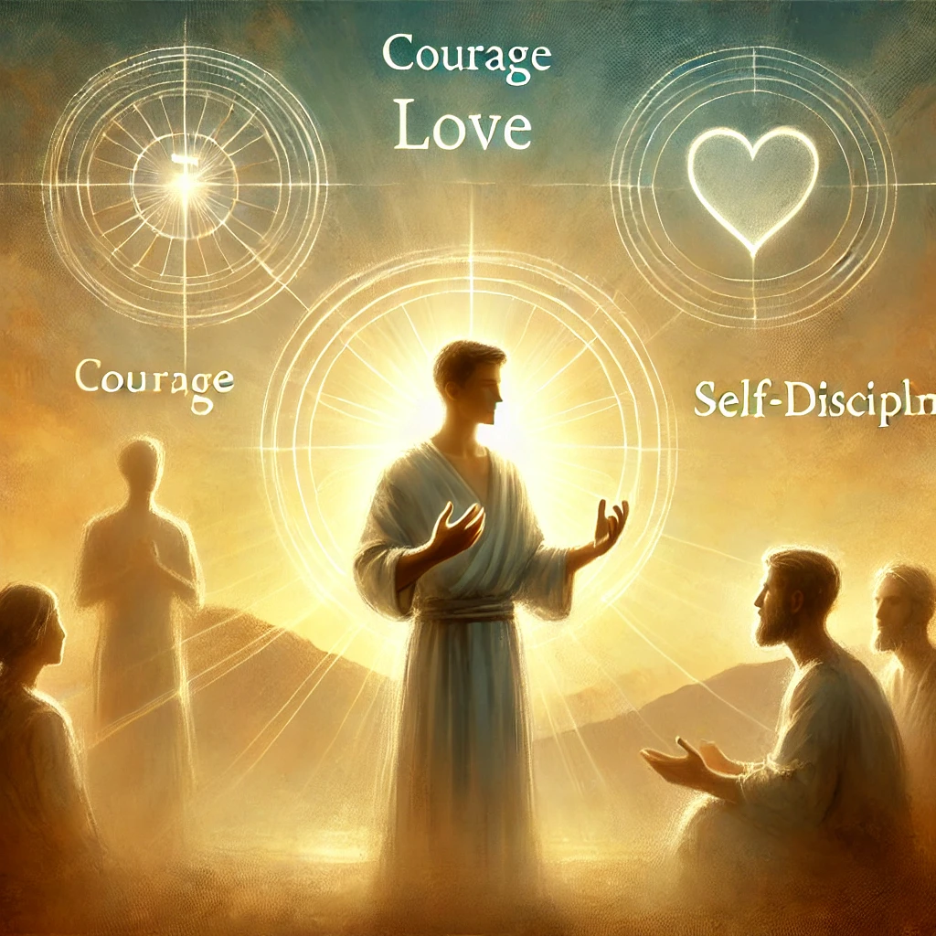 Here is the image depicting a person speaking boldly with love and strength&amp;#44; inspired by 2 Timothy 1:7. The image reflects a serene and spiritually uplifting atmosphere&amp;#44; with symbols of courage&amp;#44; love&amp;#44; and self-discipline.