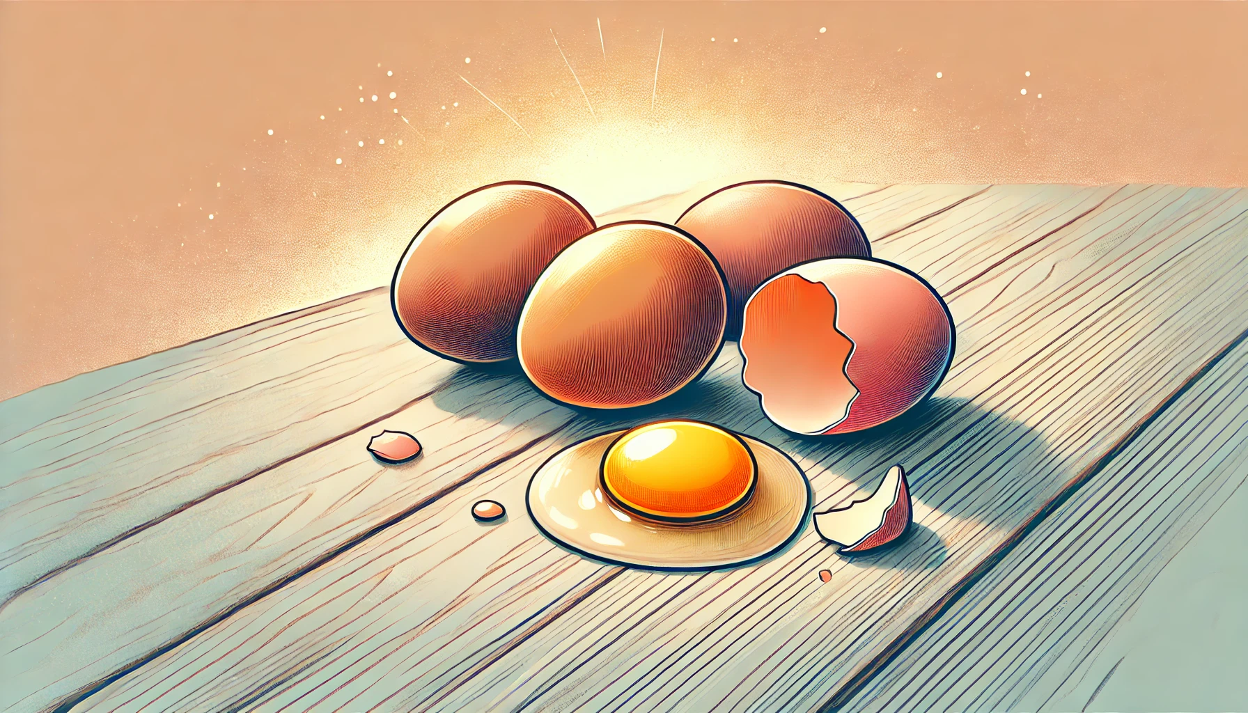 나무 표면 위에 놓인 신선한 계란, 갈색과 흰색 껍질의 통계란과 노른자가 드러난 깨진 계란이 함께 배열된 모습, 따뜻하고 자연스러운 분위기의 파스텔톤 일러스트.