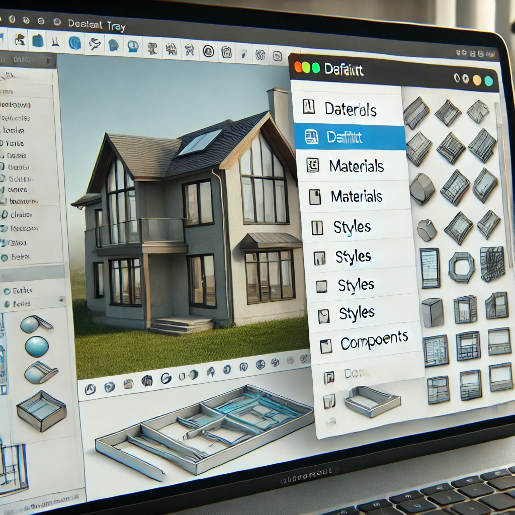 스케치업 소프트웨어 인터페이스의 스크린샷으로, 디폴트 트레이가 화면 오른쪽에 고정되어 있으며, 트레이에는 'Materials', 'Styles', 'Components' 섹션이 포함되어 있습니다. 주요 작업 공간에는 주택의 3D 모델이 표시되어 있습니다.