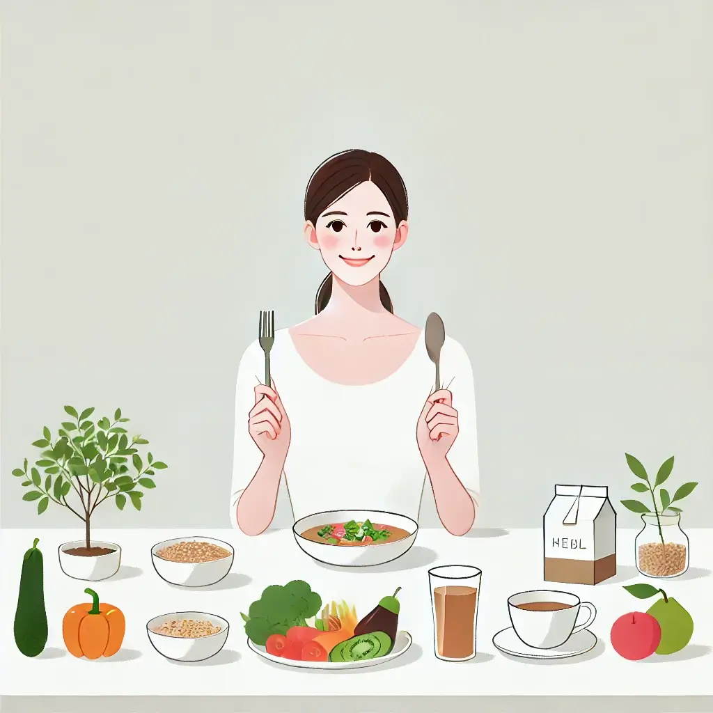 건강한 식단이 차려진 식탁 앞에서 수저와 포크를 들고 미소 짓는 여성의 일러스트