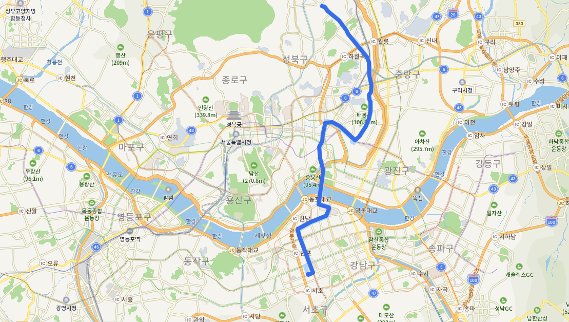  서울 145번버스 노선 정보(답십리역, 마장축산물시장, 왕십리역, 압구정로데오역, 강남역)