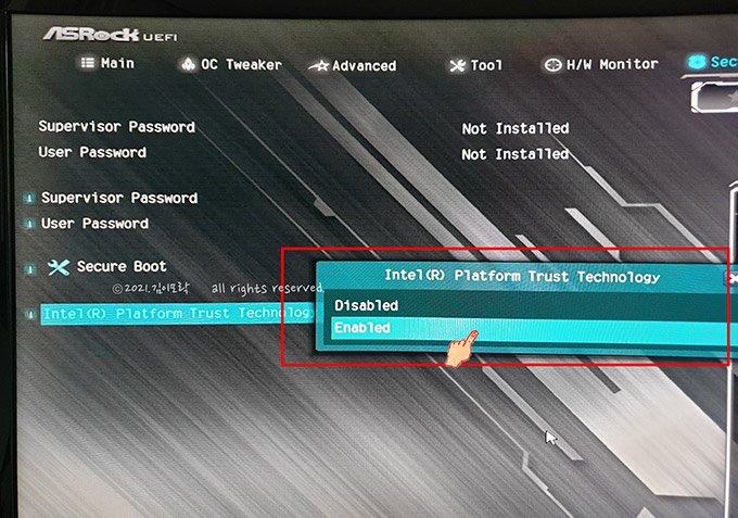 ASROCK 메인보드 BIOS에서 TPM 활성화