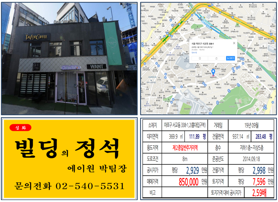  [마포구 커피프린스길 커피숍 꼬마빌딩 실거래가 조회] 서교동 338-1,2 (홍대입구역) 85억 원, 평당 7,596만 원, 와우산로대로변, 홍