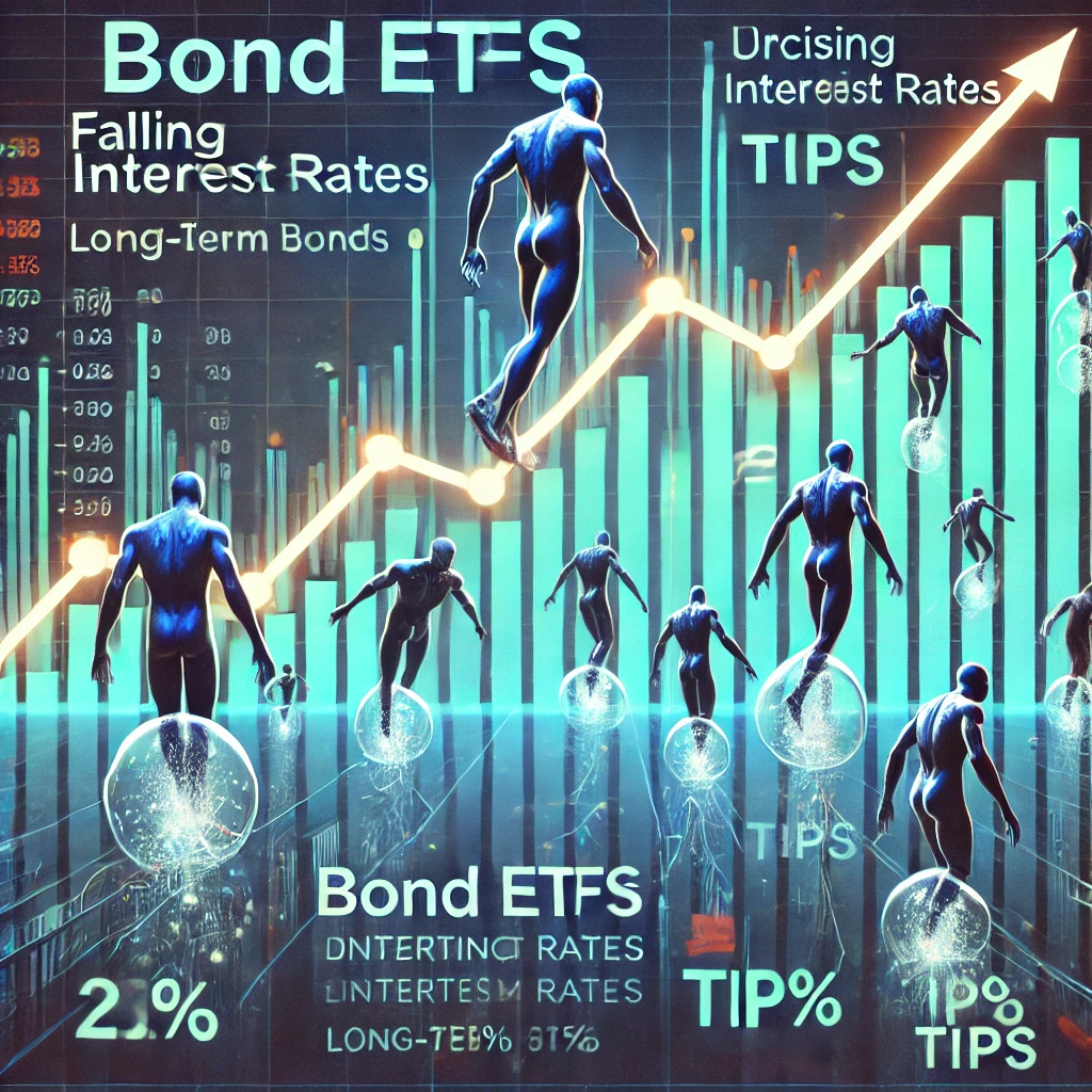 금리 하락 환경에서 채권 ETF 투자 전략을 나타내는 시각적 이미지. 금리 하락 그래프와 상승하는 채권 가격이 강조된 장기 채권과 TIPS 투자 전략을 보여줍니다.