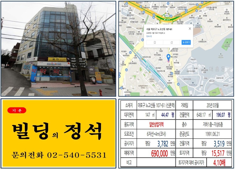  [마포구 일반상업지역 코너 60억 꼬마빌딩 실거래가 조회] 노고산동 107-61 (신촌역) 69억 원, 평당 1억 5,517만 원 매매되었습니다. 서강대학교, 연세대학교, 이화여대
