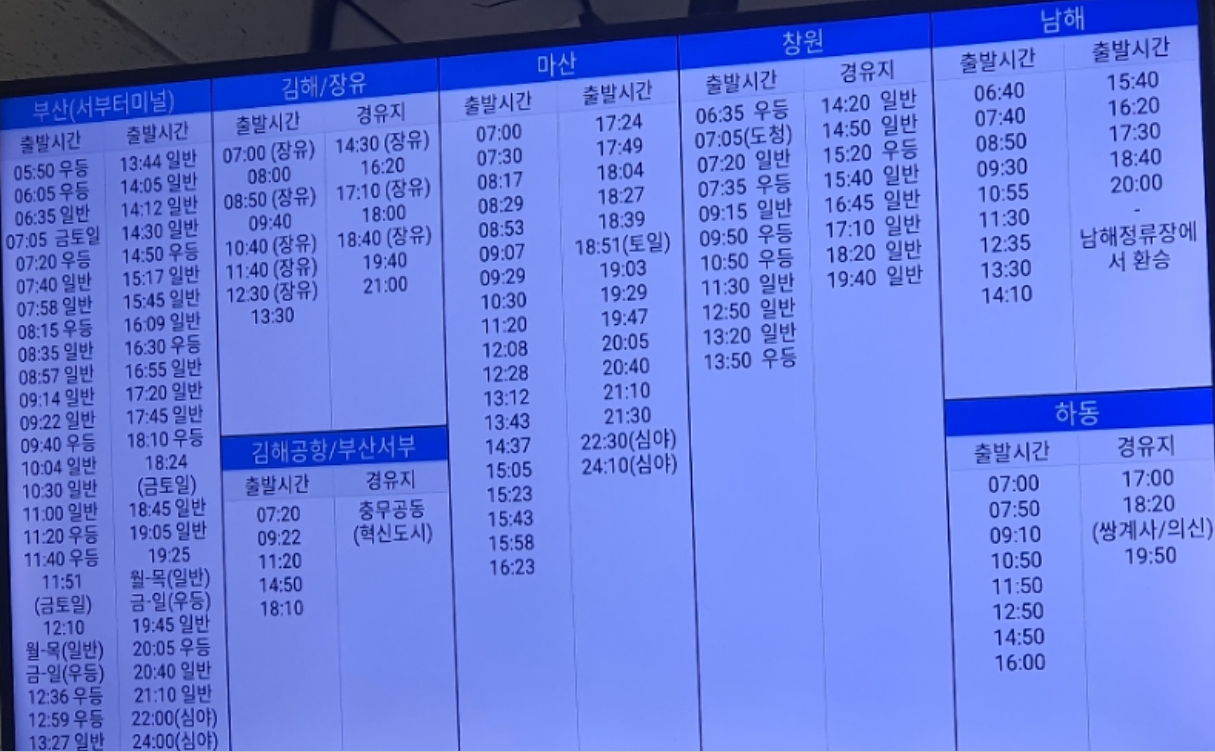 경남진주시외버스-터미널시간표요금표모습
