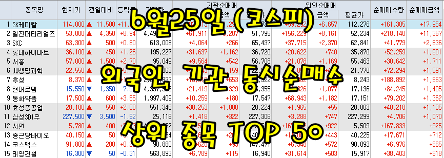  6월25일 코스피/코스닥 외국인, 기관 동시 순매수/순매도 상위 종목 TOP 50