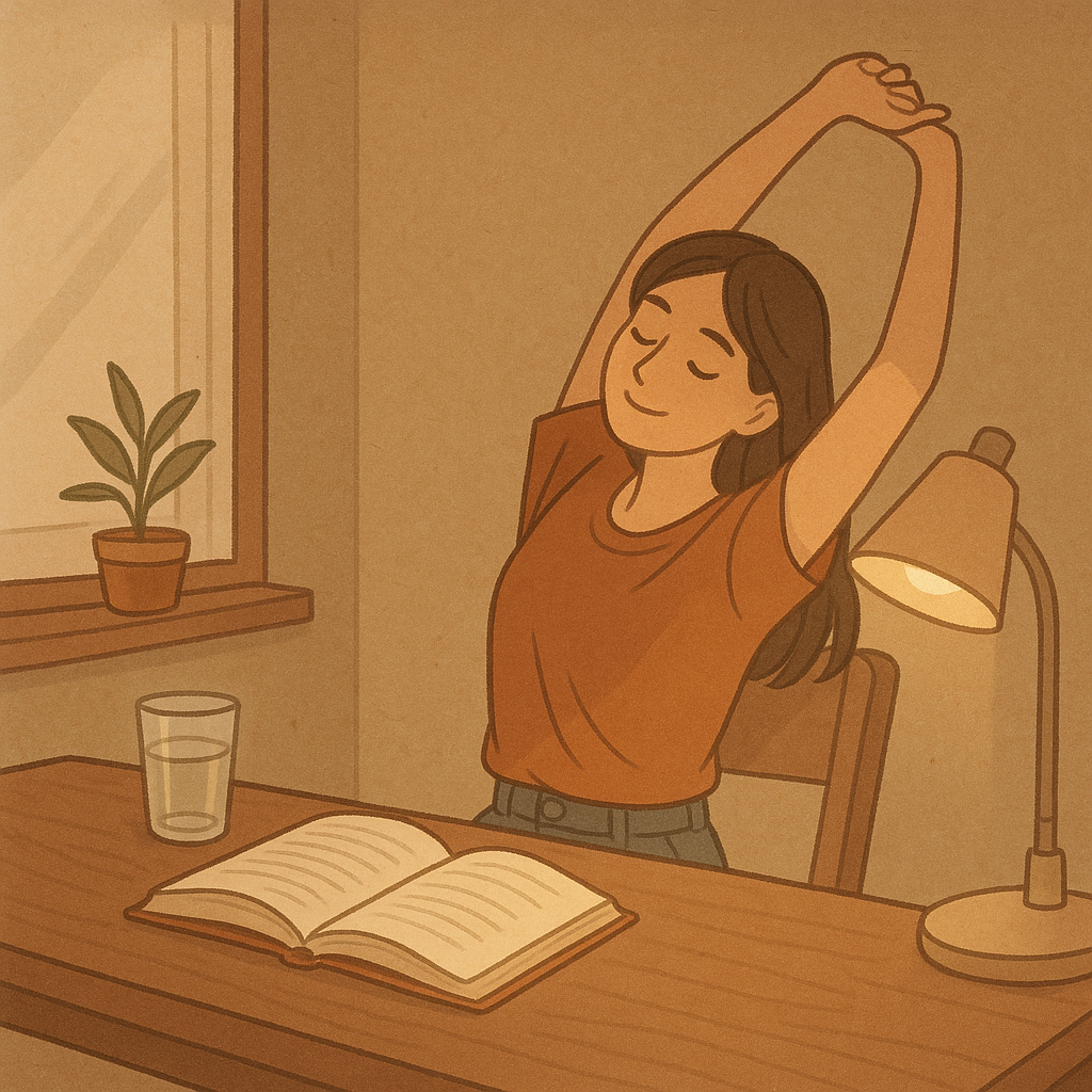 &quot;따뜻한 조명 아래 책을 읽다 스트레칭하는 여성이 창가 책상에 앉아 있고, 옆에는 물 한 잔과 열린 책이 놓인 장면&quot;
